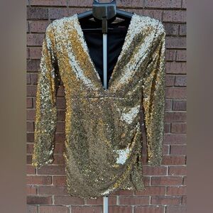 Xtaren Gold Sequin Plunge Wrap Mini Dress Womens Size Medium Cocktail Party EUC